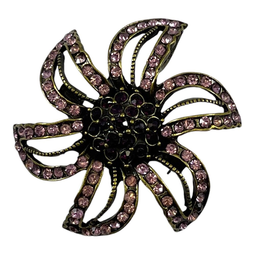 Pink Purple Rhinestone Brooch Pin Flower Shape Large 2" Statement Piece Vintage